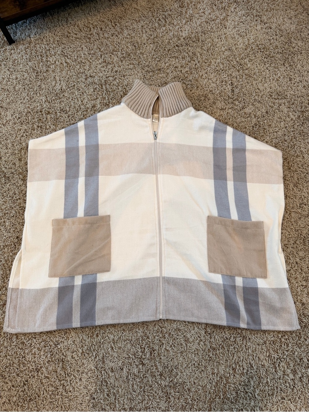Cato Cream and Taupe Striped Zip Knit Poncho